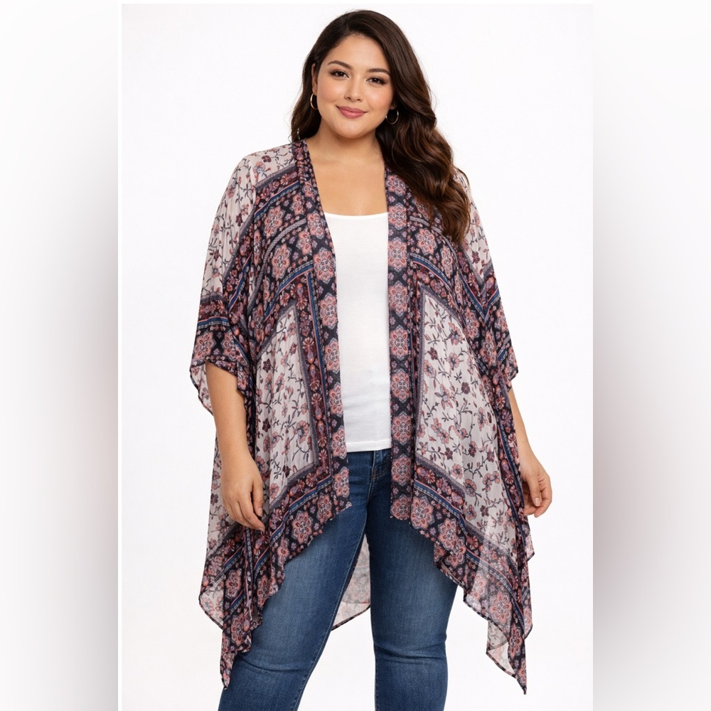 Knox Rose Floral Boho Kimono Rayon Coverup Pink Blue White Size Medium Large